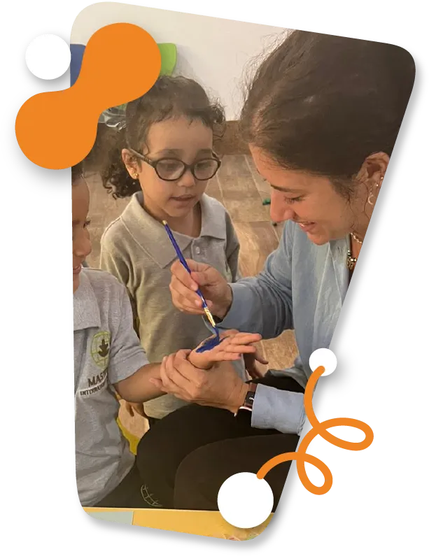 a young woman teaching a child
